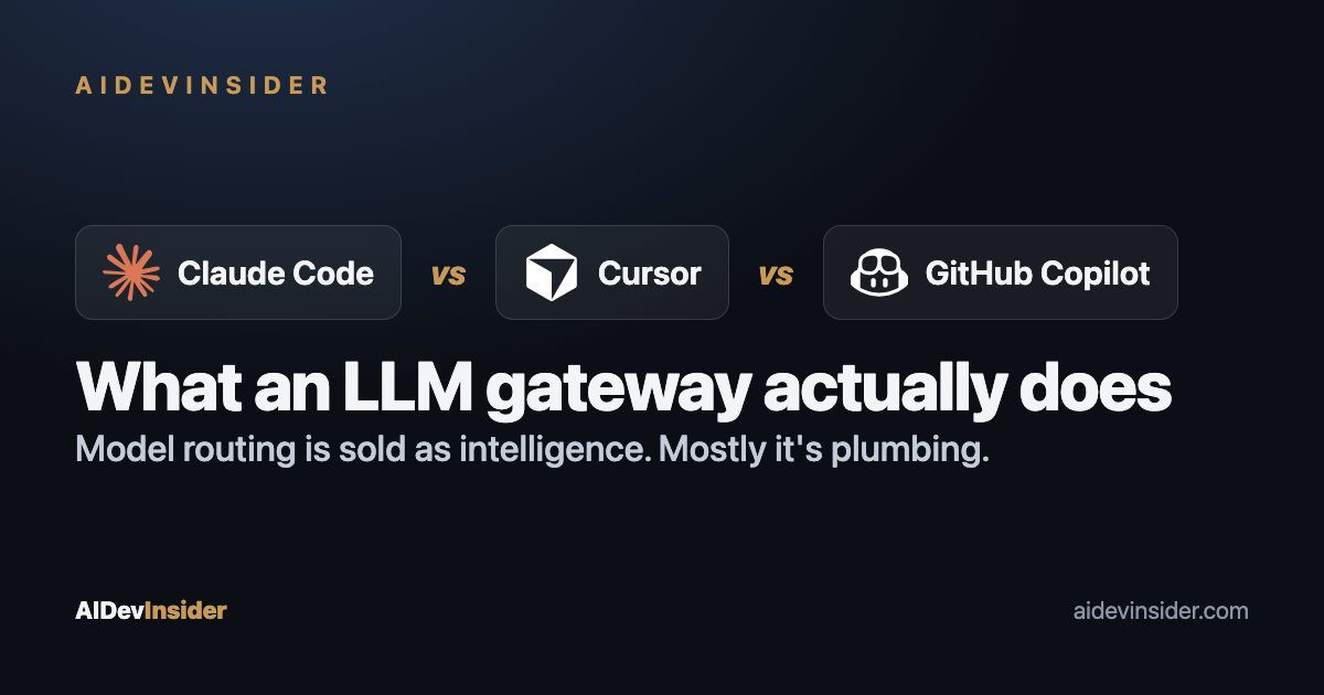 Claude Code, Cursor and GitHub Copilot logos in a versus layout with the headline What an LLM gateway actually does
